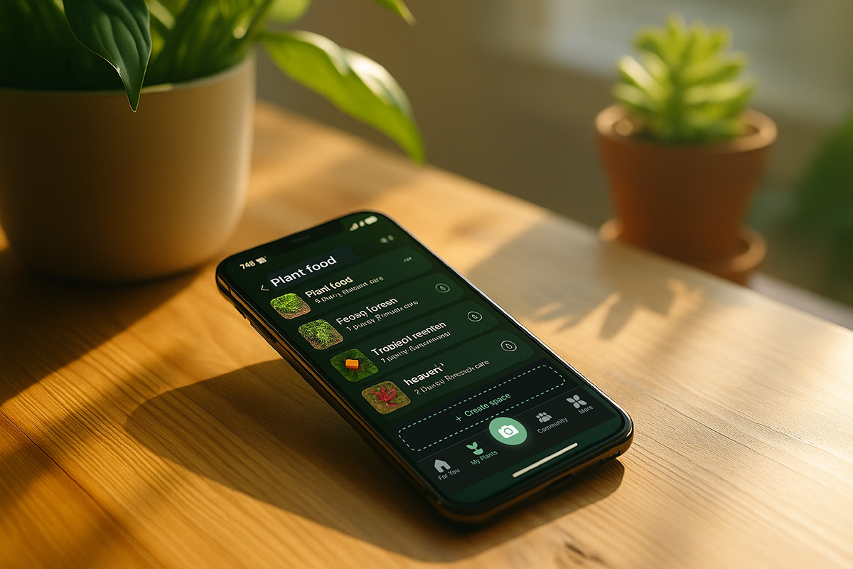 Plantio app interface showing plant care features